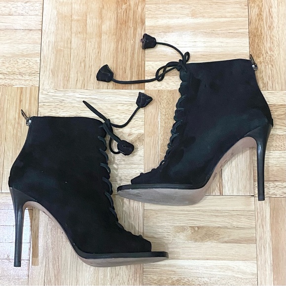 COACH Lena Lux Black Suede Lace Up Peep Toe Heeled Booties Size 6.5 - Picture 1 of 15